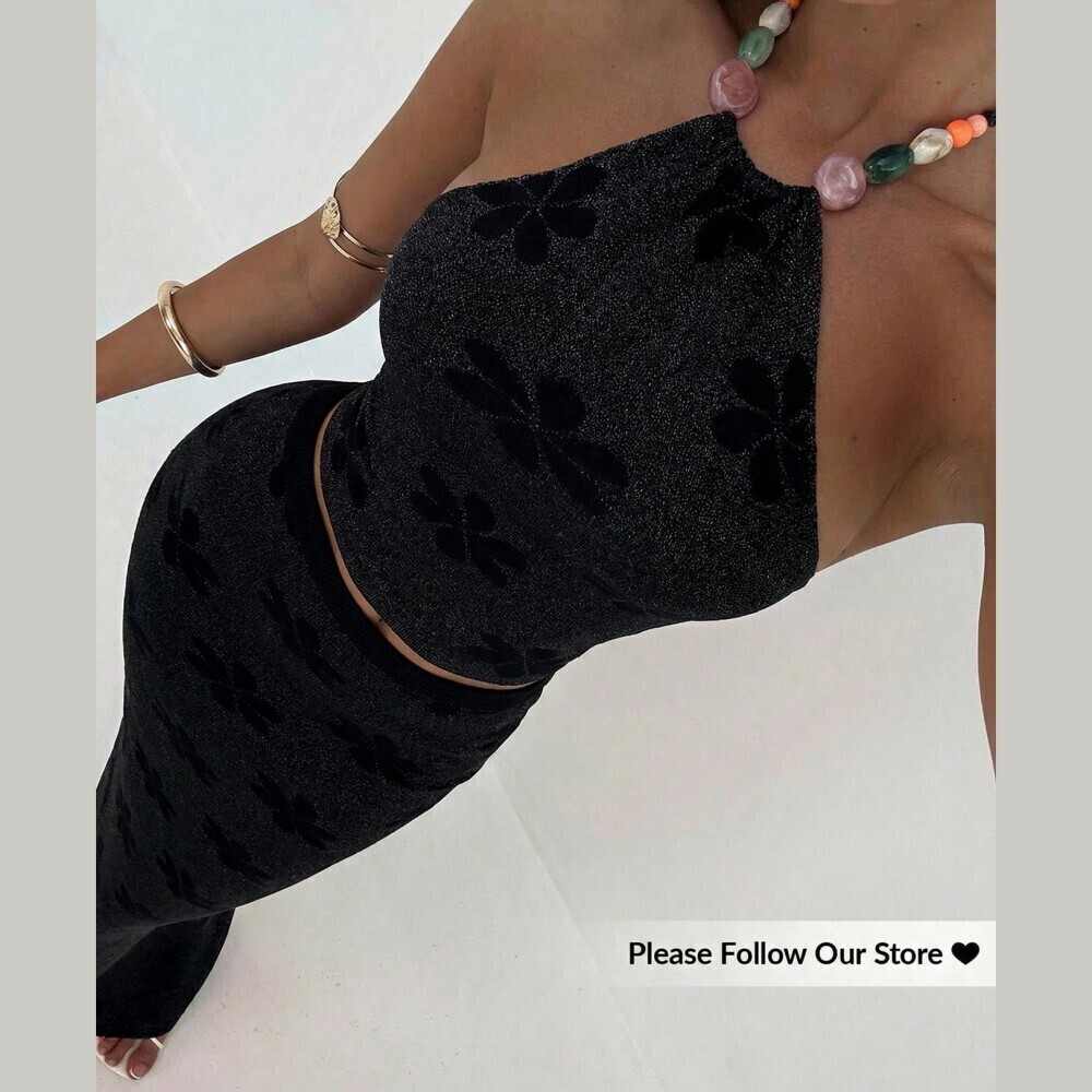 Black Floral Textured Halter Crop Top and Maxi Skirt Set